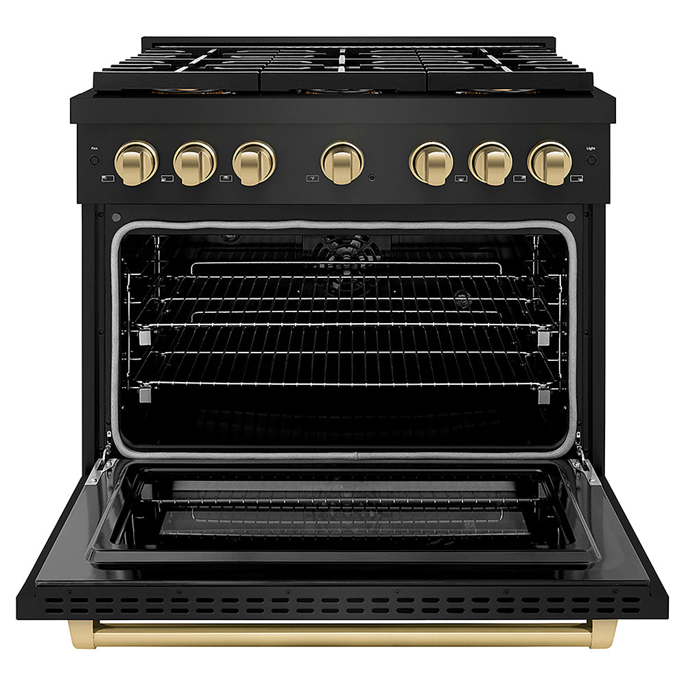 ZLINE Autograph Edition 36 in. 5.2 cu. ft. Paramount Dual Fuel Range with 6 Burner DuoPro™ Cooktop and Electric Convection Oven in Black Stainless Steel and Champagne Bronze Accents (PSDRBZ-36-CB)