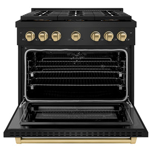 ZLINE Autograph Edition 36 in. 5.2 cu. ft. Paramount Dual Fuel Range with 6 Burner DuoPro™ Cooktop and Electric Convection Oven in Black Stainless Steel and Champagne Bronze Accents (PSDRBZ-36-CB)