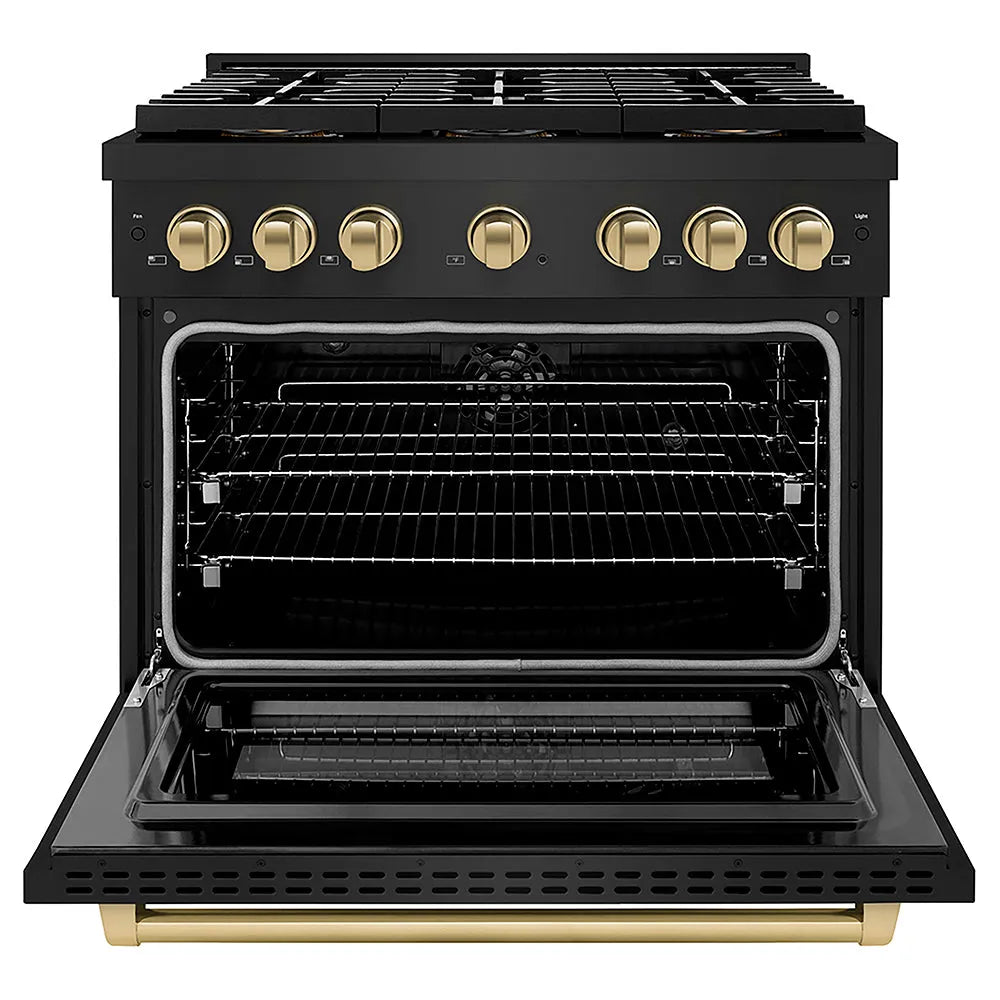 ZLINE Autograph Edition 36 in. 5.2 cu. ft. Paramount Dual Fuel Range with 6 Burner DuoPro™ Cooktop and Electric Convection Oven in Black Stainless Steel and Champagne Bronze Accents (PSDRBZ-36-CB) front, oven open.