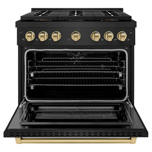 ZLINE Autograph Edition 36 in. 5.2 cu. ft. Paramount Dual Fuel Range with 6 Burner DuoPro™ Cooktop and Electric Convection Oven in Black Stainless Steel and Champagne Bronze Accents (PSDRBZ-36-CB) front, oven open.