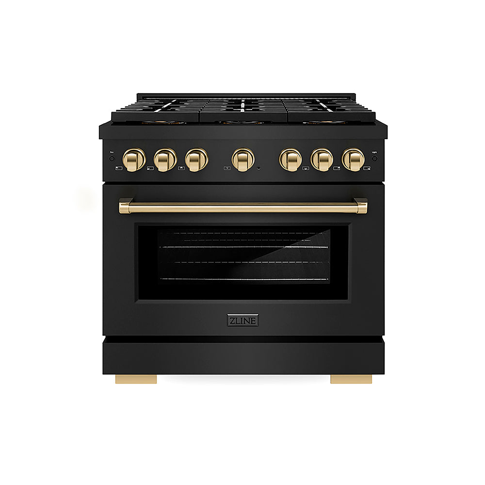 ZLINE Autograph Edition 36 in. 5.2 cu. ft. Paramount Dual Fuel Range with 6 Burner DuoPro™ Cooktop and Electric Convection Oven in Black Stainless Steel and Polished Gold Accents (PSDRBZ-36-G)