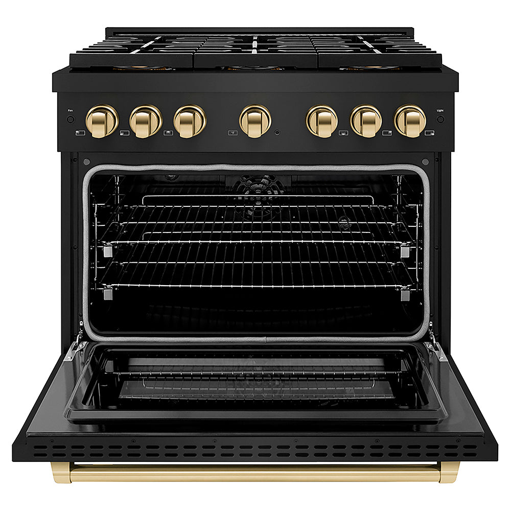 ZLINE Autograph Edition 36 in. 5.2 cu. ft. Paramount Dual Fuel Range with 6 Burner DuoPro™ Cooktop and Electric Convection Oven in Black Stainless Steel and Polished Gold Accents (PSDRBZ-36-G)