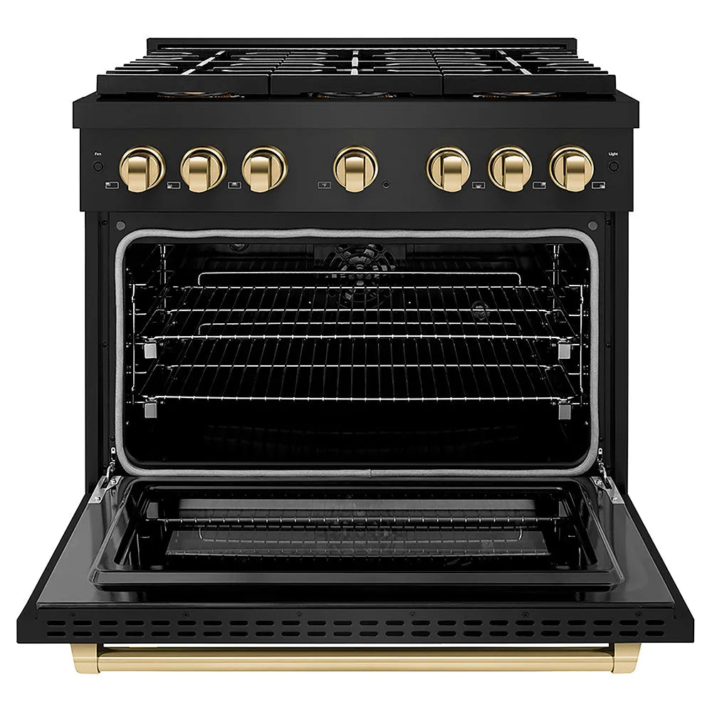 ZLINE Autograph Edition 36 in. 5.2 cu. ft. Paramount Dual Fuel Range with 6 Burner DuoPro™ Cooktop and Electric Convection Oven in Black Stainless Steel and Polished Gold Accents (PSDRBZ-36-G) front, oven open.
