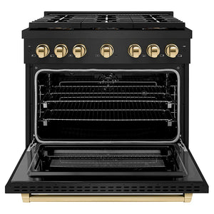 ZLINE Autograph Edition 36 in. 5.2 cu. ft. Paramount Dual Fuel Range with 6 Burner DuoPro™ Cooktop and Electric Convection Oven in Black Stainless Steel and Polished Gold Accents (PSDRBZ-36-G) front, oven open.