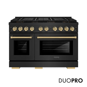 ZLINE Autograph Edition 48 in. 6.7 cu. ft. Paramount Dual Fuel Range with 8 Burner DuoPro™ Cooktop and Dual Ovens in Black Stainless Steel and Champagne Bronze Accents (PSDRBZ-48-CB)