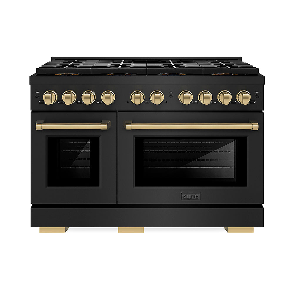 ZLINE Autograph Edition 48 in. 6.7 cu. ft. Paramount Dual Fuel Range with 8 Burner DuoPro™ Cooktop and Dual Ovens in Black Stainless Steel and Champagne Bronze Accents (PSDRBZ-48-CB)