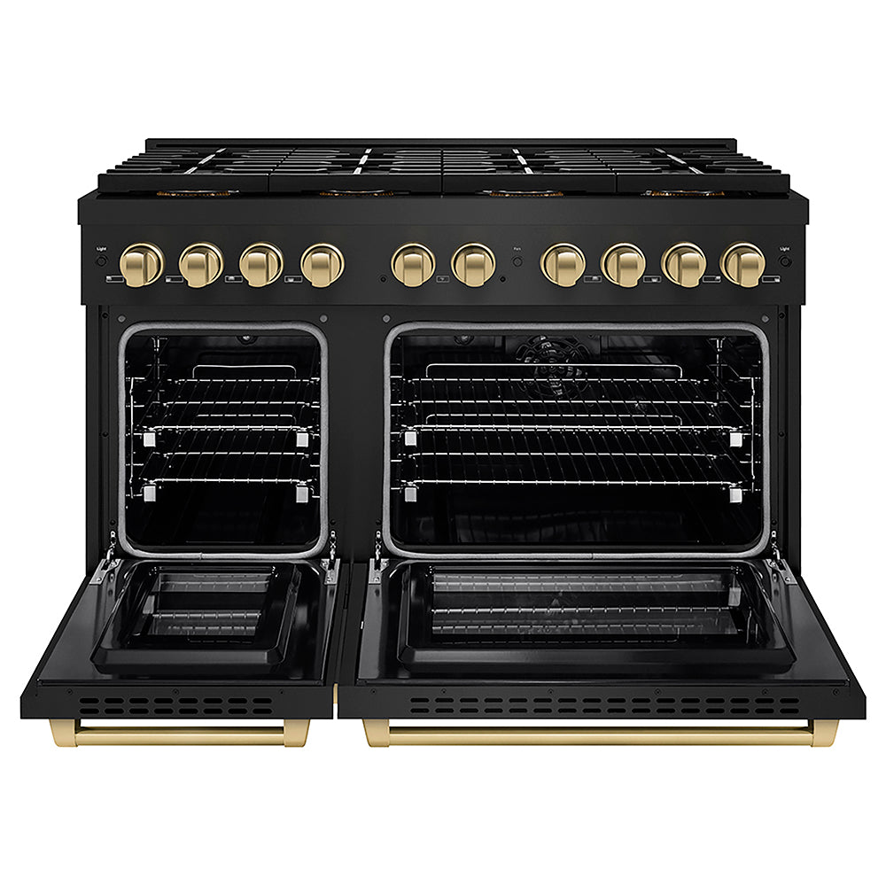 ZLINE Autograph Edition 48 in. 6.7 cu. ft. Paramount Dual Fuel Range with 8 Burner DuoPro™ Cooktop and Dual Ovens in Black Stainless Steel and Champagne Bronze Accents (PSDRBZ-48-CB)
