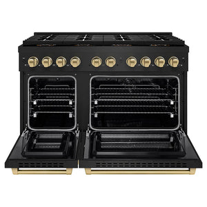 ZLINE Autograph Edition 48 in. 6.7 cu. ft. Paramount Dual Fuel Range with 8 Burner DuoPro™ Cooktop and Dual Ovens in Black Stainless Steel and Champagne Bronze Accents (PSDRBZ-48-CB) front, oven open.