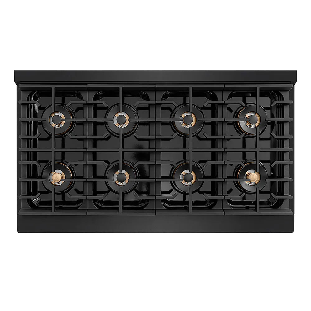 ZLINE Autograph Edition 48 in. 6.7 cu. ft. Paramount Dual Fuel Range with 8 Burner DuoPro™ Cooktop and Dual Ovens in Black Stainless Steel and Champagne Bronze Accents (PSDRBZ-48-CB) top-down, above cooktop.