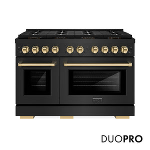 ZLINE Autograph Edition 48 in. 6.7 cu. ft. Paramount Dual Fuel Range with 8 Burner DuoPro™ Cooktop and Dual Ovens in Black Stainless Steel and Polished Gold Accents (PSDRBZ-48-G)