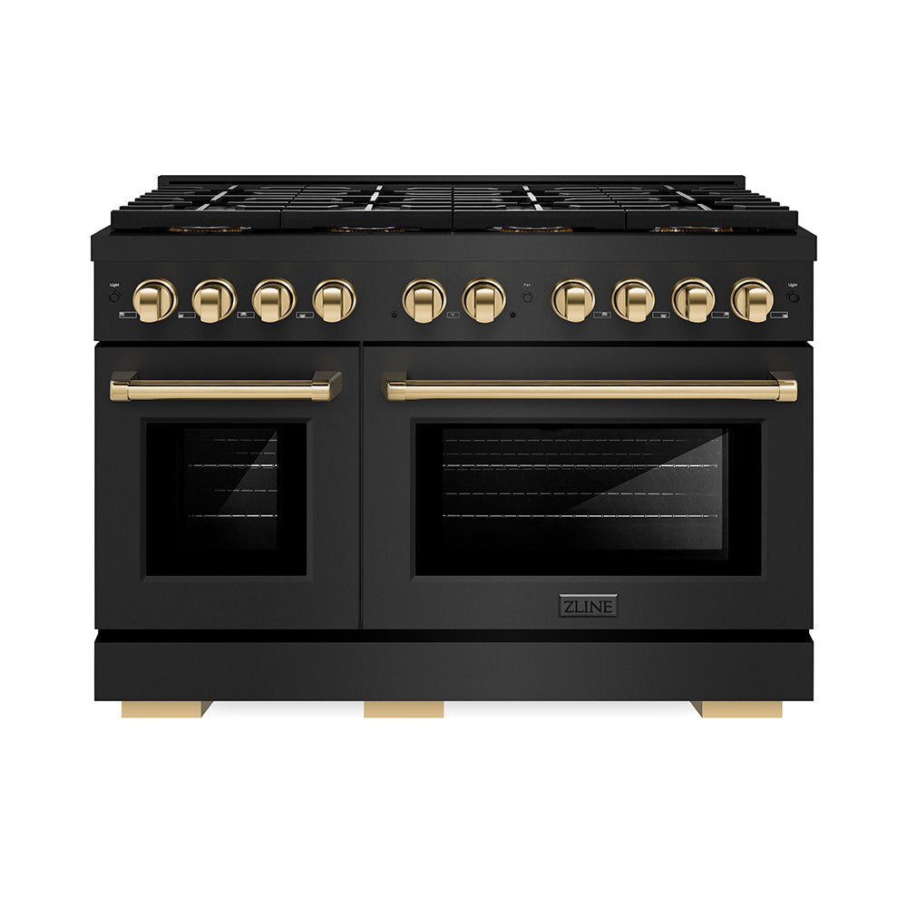 ZLINE Autograph Edition 48 in. 6.7 cu. ft. Paramount Dual Fuel Range with 8 Burner DuoPro™ Cooktop and Dual Ovens in Black Stainless Steel and Polished Gold Accents (PSDRBZ-48-G)