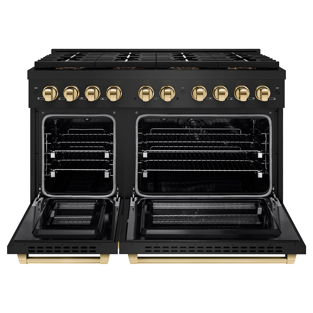 ZLINE Autograph Edition 48 in. 6.7 cu. ft. Paramount Dual Fuel Range with 8 Burner DuoPro™ Cooktop and Dual Ovens in Black Stainless Steel and Polished Gold Accents (PSDRBZ-48-G) front, oven open.