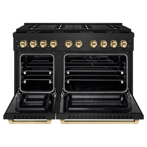 ZLINE Autograph Edition 48 in. 6.7 cu. ft. Paramount Dual Fuel Range with 8 Burner DuoPro™ Cooktop and Dual Ovens in Black Stainless Steel and Polished Gold Accents (PSDRBZ-48-G) front, oven open.