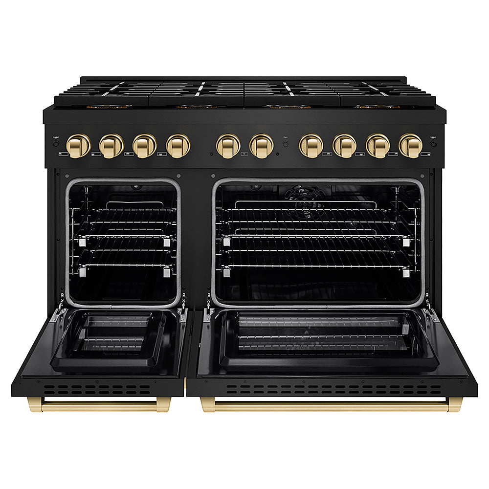 ZLINE Autograph Edition 48 in. 6.7 cu. ft. Paramount Dual Fuel Range with 8 Burner DuoPro™ Cooktop and Dual Ovens in Black Stainless Steel and Polished Gold Accents (PSDRBZ-48-G)
