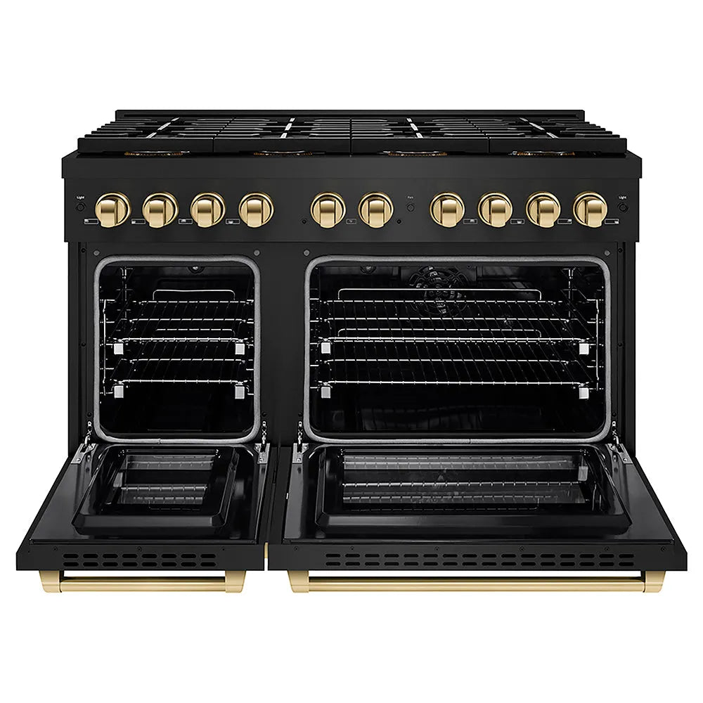 ZLINE Autograph Edition 48 in. 6.7 cu. ft. Paramount Dual Fuel Range with 8 Burner DuoPro™ Cooktop and Dual Ovens in Black Stainless Steel and Polished Gold Accents (PSDRBZ-48-G) front, oven open.
