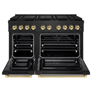 ZLINE Autograph Edition 48 in. 6.7 cu. ft. Paramount Dual Fuel Range with 8 Burner DuoPro™ Cooktop and Dual Ovens in Black Stainless Steel and Polished Gold Accents (PSDRBZ-48-G) front, oven open.