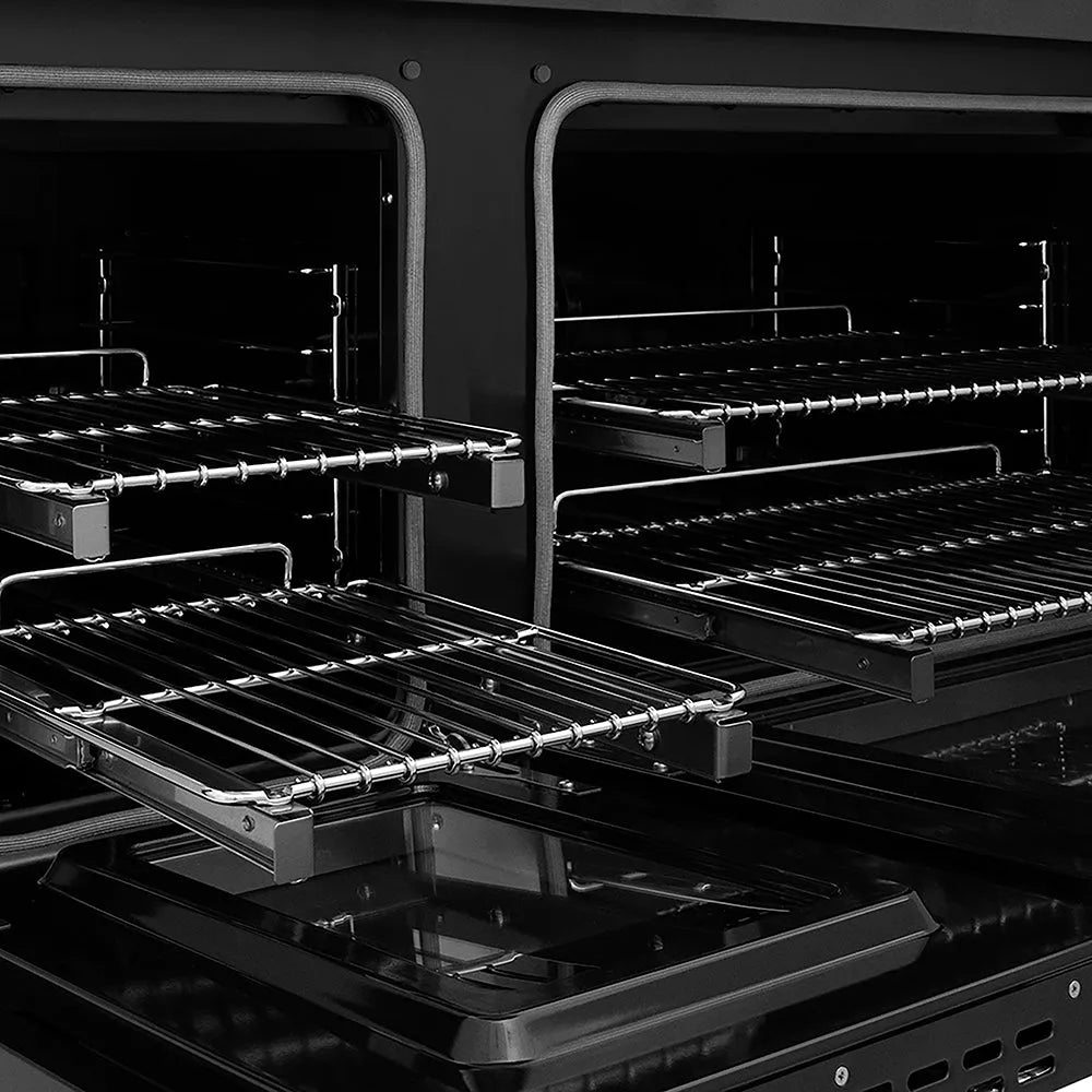 ZLINE Autograph Edition 48 in. 6.7 cu. ft. Paramount Dual Fuel Range with 8 Burner DuoPro™ Cooktop and Dual Ovens in Black Stainless Steel and Polished Gold Accents (PSDRBZ-48-G) oven open with racks extended, showing interior design and layout.
