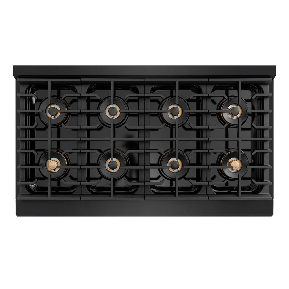 ZLINE Autograph Edition 48 in. 6.7 cu. ft. Paramount Dual Fuel Range with 8 Burner DuoPro™ Cooktop and Dual Ovens in Black Stainless Steel and Polished Gold Accents (PSDRBZ-48-G) top-down, above cooktop.