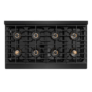 ZLINE Autograph Edition 48 in. 6.7 cu. ft. Paramount Dual Fuel Range with 8 Burner DuoPro™ Cooktop and Dual Ovens in Black Stainless Steel and Polished Gold Accents (PSDRBZ-48-G) top-down, above cooktop.