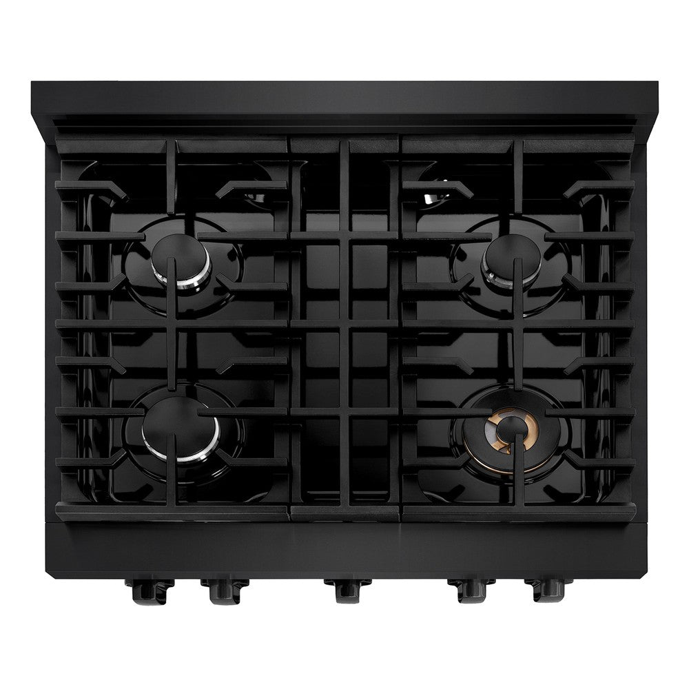 ZLINE 30 in. 4.2 cu. ft. Paramount Dual Fuel Range with 4 Burner Gas Cooktop and Electric Convection Oven in Black Stainless Steel (SDRB-30) above, top-down view of gas cooktop.