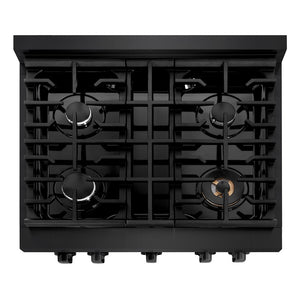 ZLINE 30 in. 4.2 cu. ft. Paramount Dual Fuel Range with 4 Burner Gas Cooktop and Electric Convection Oven in Black Stainless Steel (SDRB-30) above, top-down view of gas cooktop.