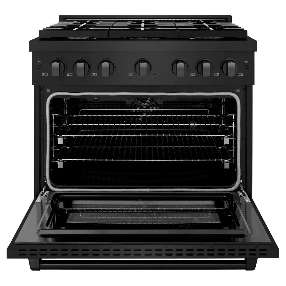 ZLINE 36 in. 5.2 cu. ft. Paramount Dual Fuel Range with 6 Burner Gas Cooktop and Electric Convection Oven in Black Stainless Steel (SDRB-36) front, open.