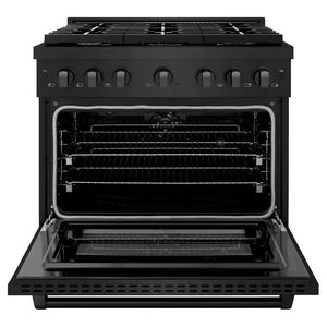 ZLINE 36 in. 5.2 cu. ft. Paramount Dual Fuel Range with 6 Burner Gas Cooktop and Electric Convection Oven in Black Stainless Steel (SDRB-36) front, open.