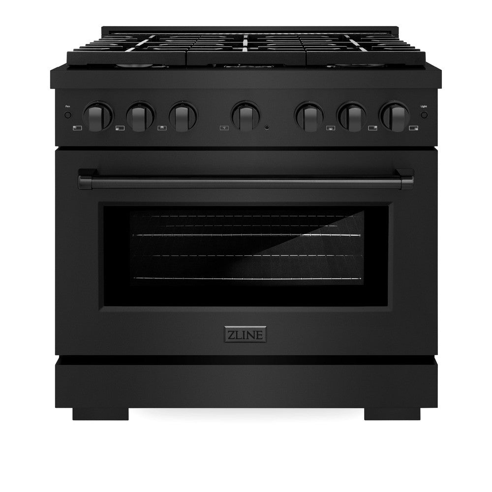 ZLINE 36 in. 5.2 cu. ft. Paramount Dual Fuel Range with 6 Burner Gas Cooktop and Electric Convection Oven in Black Stainless Steel (SDRB-36) front, oven closed.