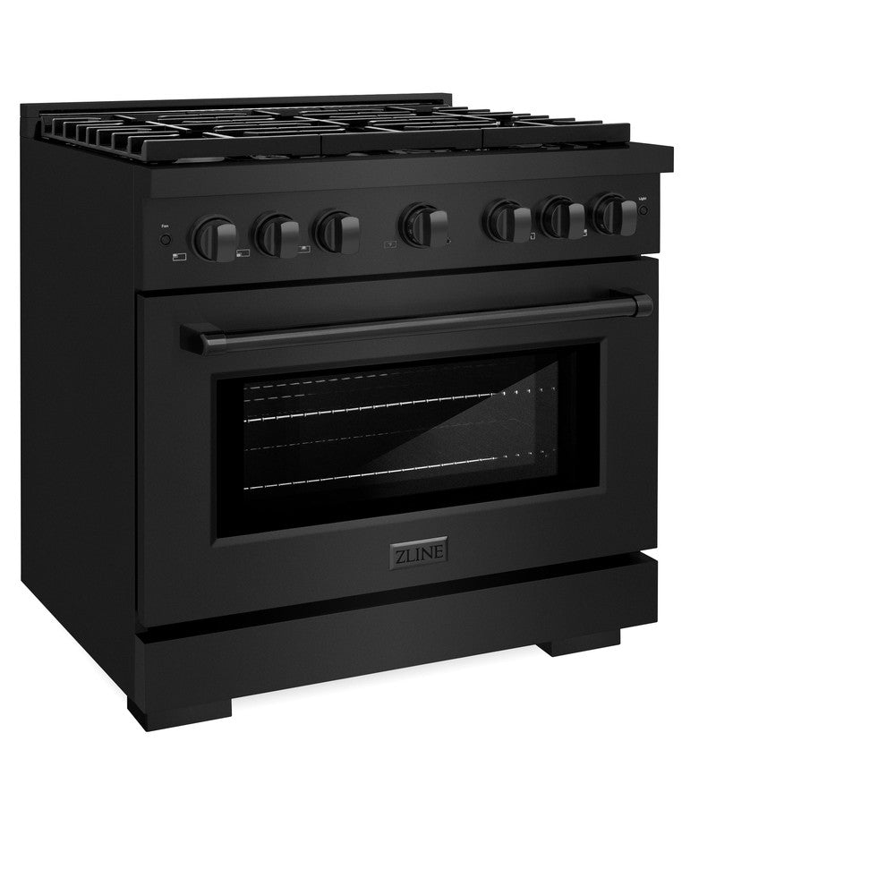 ZLINE 36 in. 5.2 cu. ft. Paramount Dual Fuel Range with 6 Burner Gas Cooktop and Electric Convection Oven in Black Stainless Steel (SDRB-36) side, oven closed.