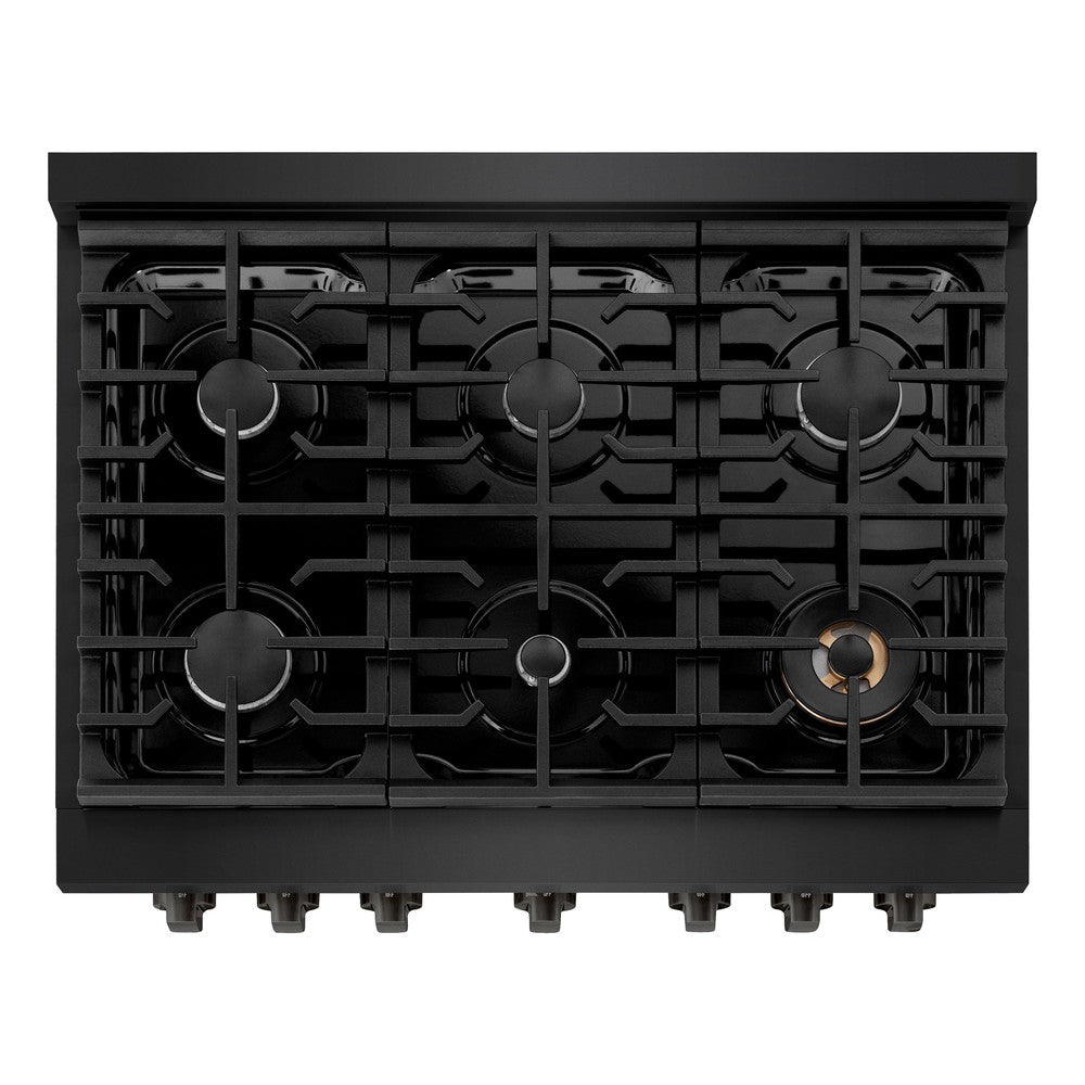 ZLINE 36 in. 5.2 cu. ft. Paramount Dual Fuel Range with 6 Burner Gas Cooktop and Electric Convection Oven in Black Stainless Steel (SDRB-36) above, top-down view of gas cooktop.