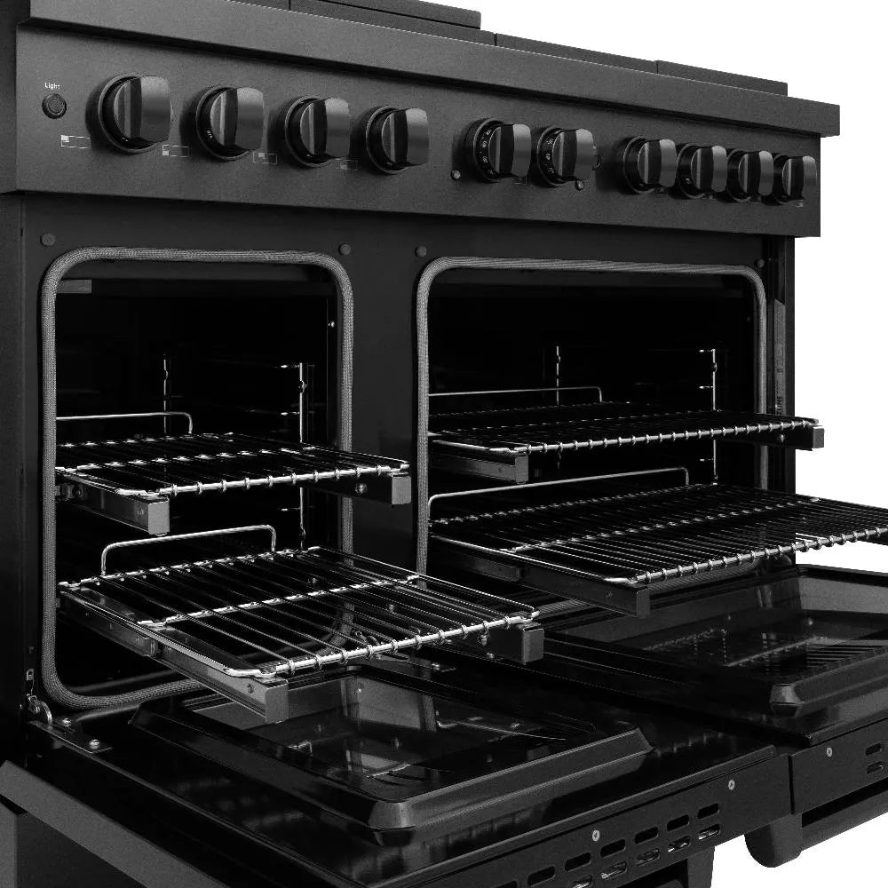 ZLINE 48 in. 6.7 cu. ft. Paramount Double Oven Dual Fuel Range with 8 Burner Gas Cooktop in Black Stainless Steel (SDRB-48) with open door showing interior racks and heating elements.
