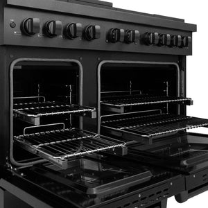 ZLINE 48 in. 6.7 cu. ft. Paramount Double Oven Dual Fuel Range with 8 Burner Gas Cooktop in Black Stainless Steel (SDRB-48) with open door showing interior racks and heating elements.