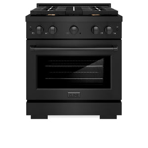 ZLINE 30 in. 4.2 cu. ft. Paramount Dual Fuel Range with Gas Cooktop and Electric Convection Oven in Black Stainless Steel with 4 Brass Burners (SDRB-BR-30) front, oven closed.