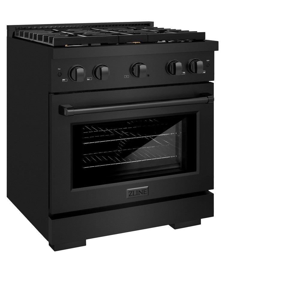 ZLINE 30 in. 4.2 cu. ft. Paramount Dual Fuel Range with Gas Cooktop and Electric Convection Oven in Black Stainless Steel with 4 Brass Burners (SDRB-BR-30) side, oven closed.