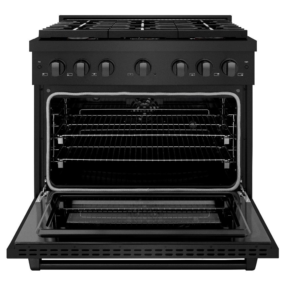 ZLINE 36 in. 5.2 cu. ft. Paramount Dual Fuel Range with Gas Cooktop and Electric Convection Oven in Black Stainless Steel with 6 Brass Burners (SDRB-BR-36) front, oven open.