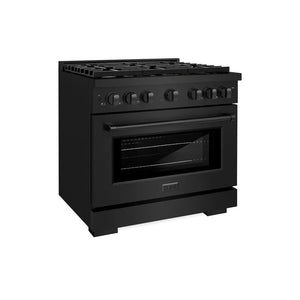 ZLINE 36 in. 5.2 cu. ft. Paramount Dual Fuel Range with Gas Cooktop and Electric Convection Oven in Black Stainless Steel with 6 Brass Burners (SDRB-BR-36) main image.