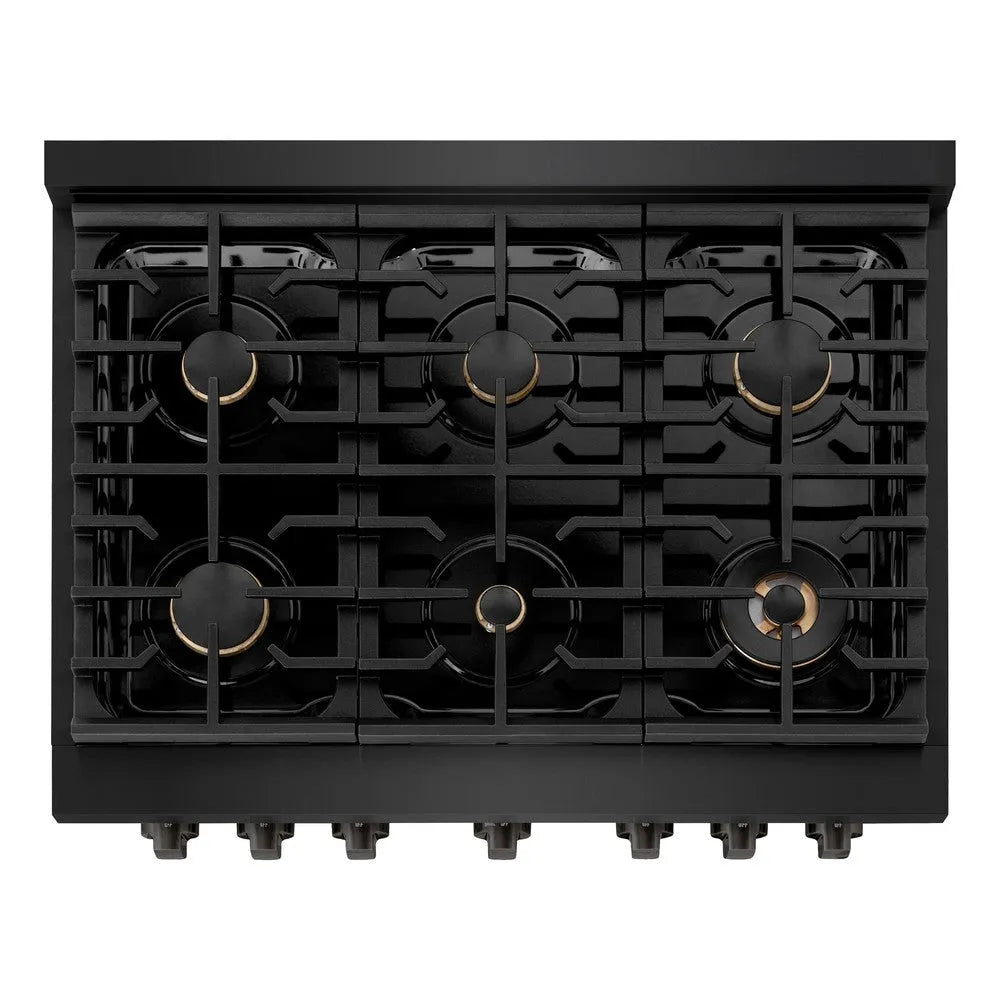 ZLINE 36 in. 5.2 cu. ft. Paramount Dual Fuel Range with Gas Cooktop and Electric Convection Oven in Black Stainless Steel with 6 Brass Burners (SDRB-BR-36) top-down, above cooktop.