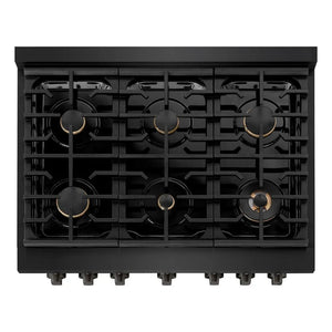 ZLINE 36 in. 5.2 cu. ft. Paramount Dual Fuel Range with Gas Cooktop and Electric Convection Oven in Black Stainless Steel with 6 Brass Burners (SDRB-BR-36) top-down, above cooktop.