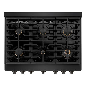 ZLINE 36 in. 5.2 cu. ft. Paramount Dual Fuel Range with Gas Cooktop and Electric Convection Oven in Black Stainless Steel with 6 Brass Burners (SDRB-BR-36) above, top-down view of gas cooktop.