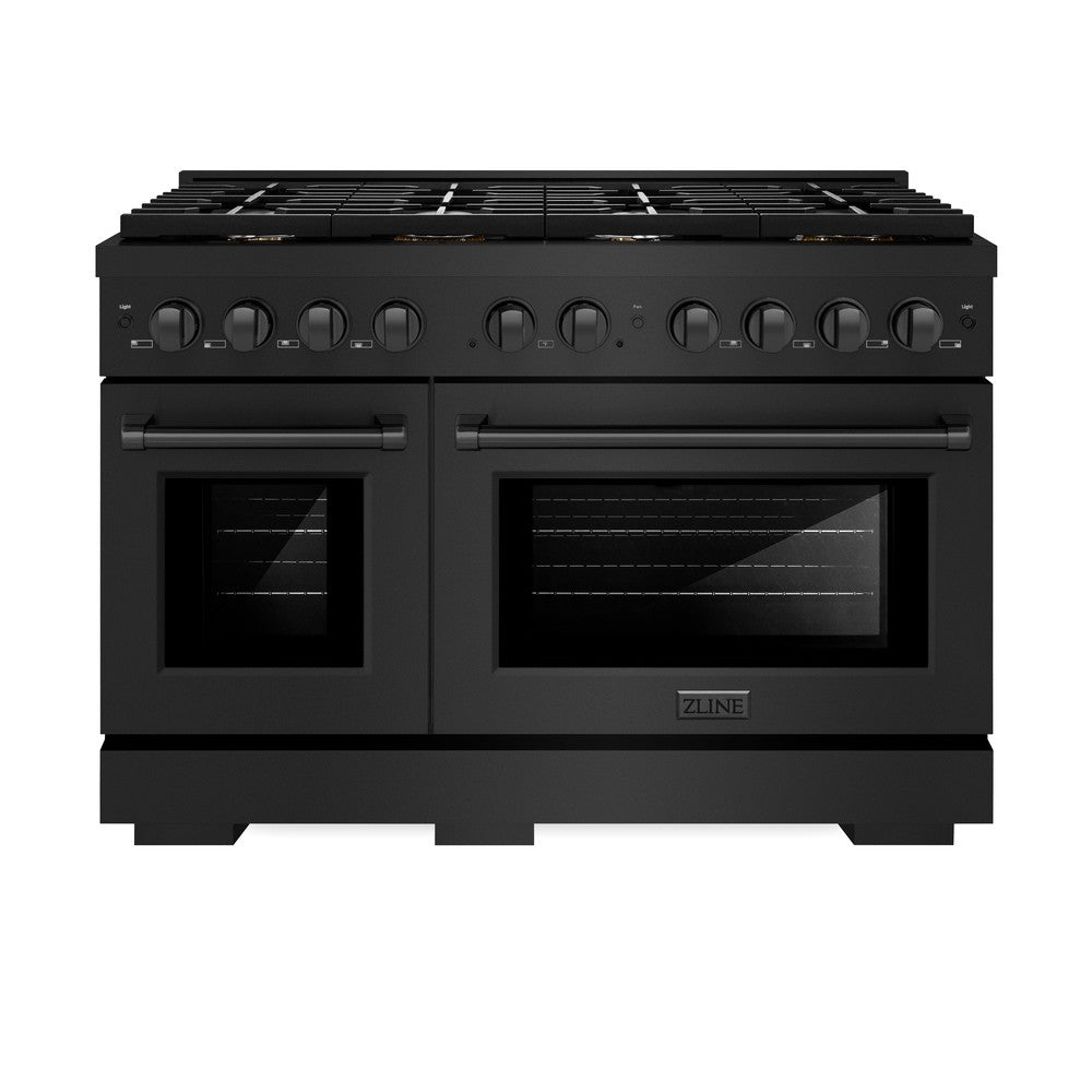 ZLINE 48 in. 6.7 cu. ft. Paramount Double Oven Dual Fuel Range in Black Stainless Steel with 8 Brass Burners (SDRB-BR-48) front, oven closed.