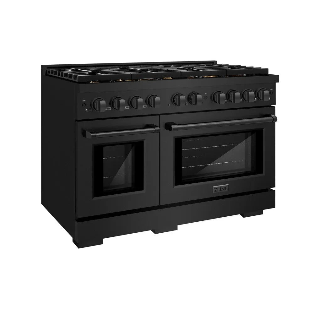 ZLINE 48 in. 6.7 cu. ft. Paramount Double Oven Dual Fuel Range in Black Stainless Steel with 8 Brass Burners (SDRB-BR-48) main image.