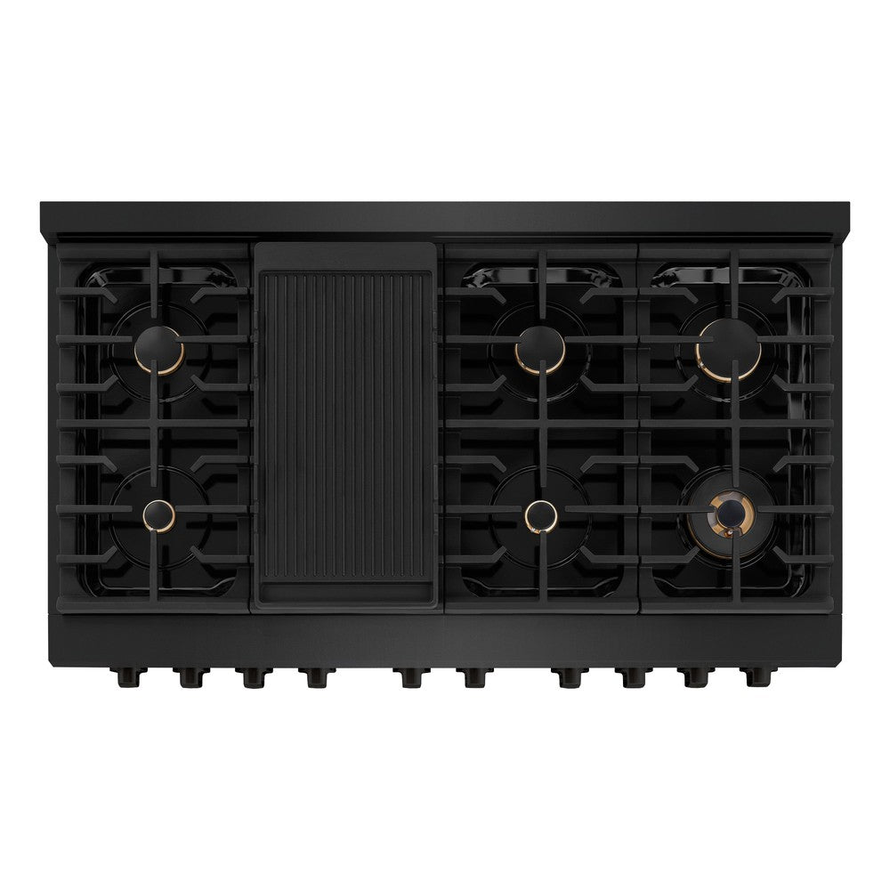 ZLINE 48 in. 6.7 cu. ft. Paramount Double Oven Dual Fuel Range in Black Stainless Steel with 8 Brass Burners (SDRB-BR-48) above, top-down view of gas cooktop.