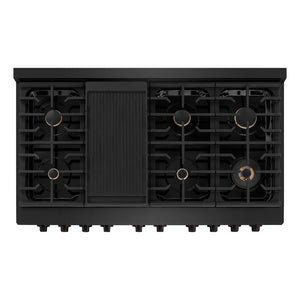 ZLINE 48 in. 6.7 cu. ft. Paramount Double Oven Dual Fuel Range in Black Stainless Steel with 8 Brass Burners (SDRB-BR-48) above, top-down view of gas cooktop.