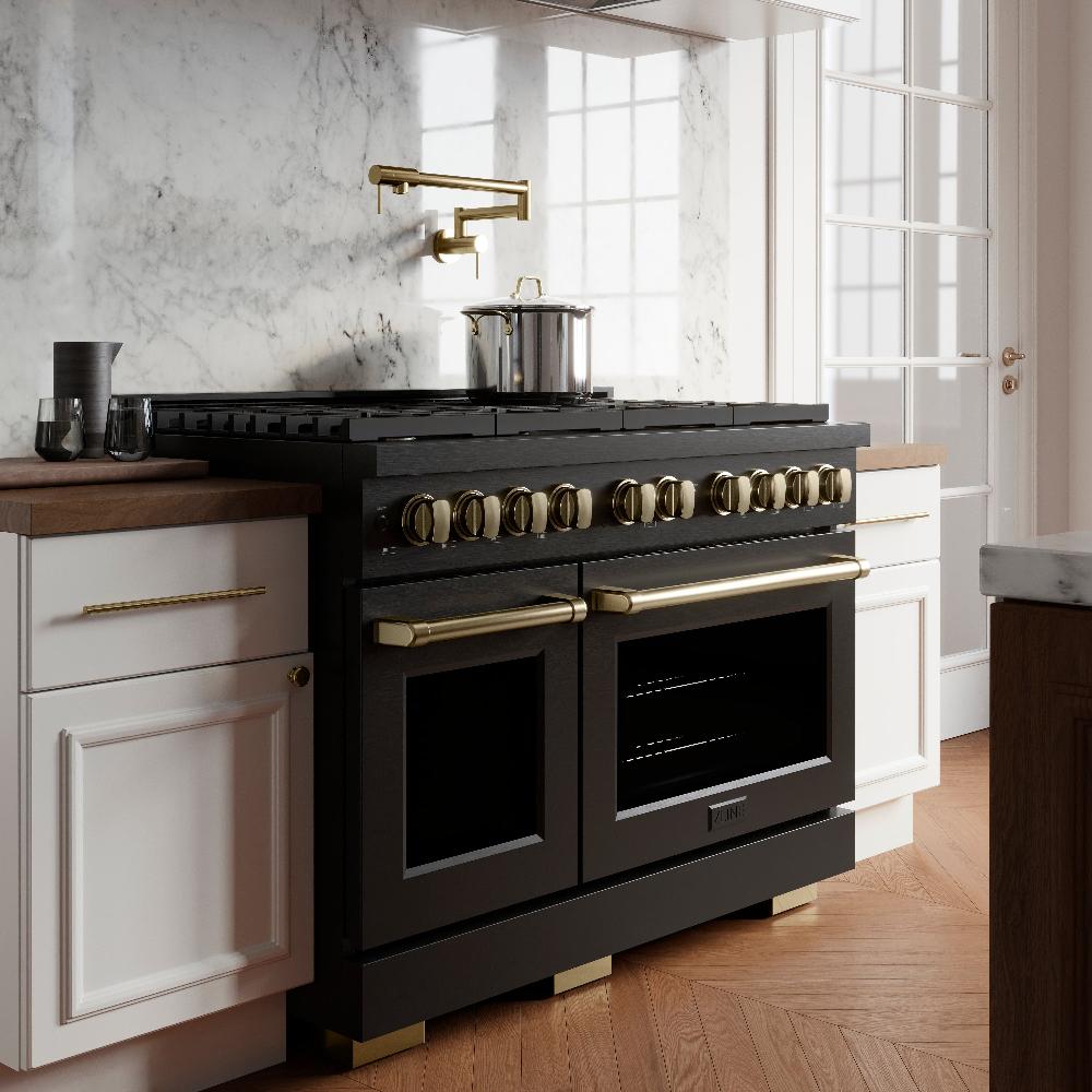 ZLINE Autograph Edition 48 in. 6.7 cu. ft. Paramount Double Oven Dual Fuel Range with 8 Burner Gas Cooktop in Black Stainless Steel and Champagne Bronze Accents (SDRBZ-48-CB) side, in a luxury kitchen.