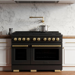 ZLINE Autograph Edition 48 in. 6.7 cu. ft. Paramount Double Oven Dual Fuel Range with 8 Burner Gas Cooktop in Black Stainless Steel and Polished Gold Accents (SDRBZ-48-G) front, in a luxury kitchen.