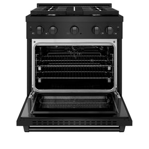 ZLINE 30 in. 4.2 cu. ft. Paramount Gas Range with 4 Burner Cooktop and Convection Gas Oven in Black Stainless Steel (SGRB-30) front, open.