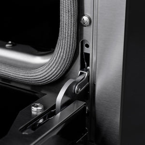 ZLINE 30 in. 4.2 cu. ft. Paramount Gas Range with Convection Gas Oven in Black Stainless Steel with 4 Brass Burners (SGRB-BR-30) StayPut oven door hinge close-up.