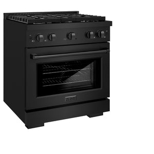 ZLINE 30 in. 4.2 cu. ft. Paramount Gas Range with 4 Burner Cooktop and Convection Gas Oven in Black Stainless Steel (SGRB-30) side, closed.