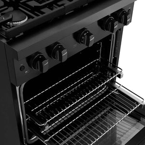 ZLINE 30 in. 4.2 cu. ft. Paramount Gas Range with 4 Burner Cooktop and Convection Gas Oven in Black Stainless Steel (SGRB2-30) open oven with racks inside, showing interior design and layout.