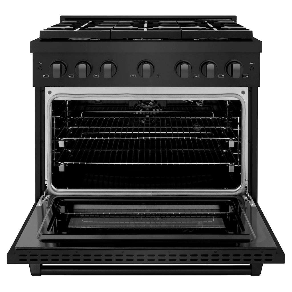 ZLINE 36 in. 5.2 cu. ft. 6 Burner Gas Range with Convection Gas Oven in Black Stainless Steel (SGRB-36) front, oven open.